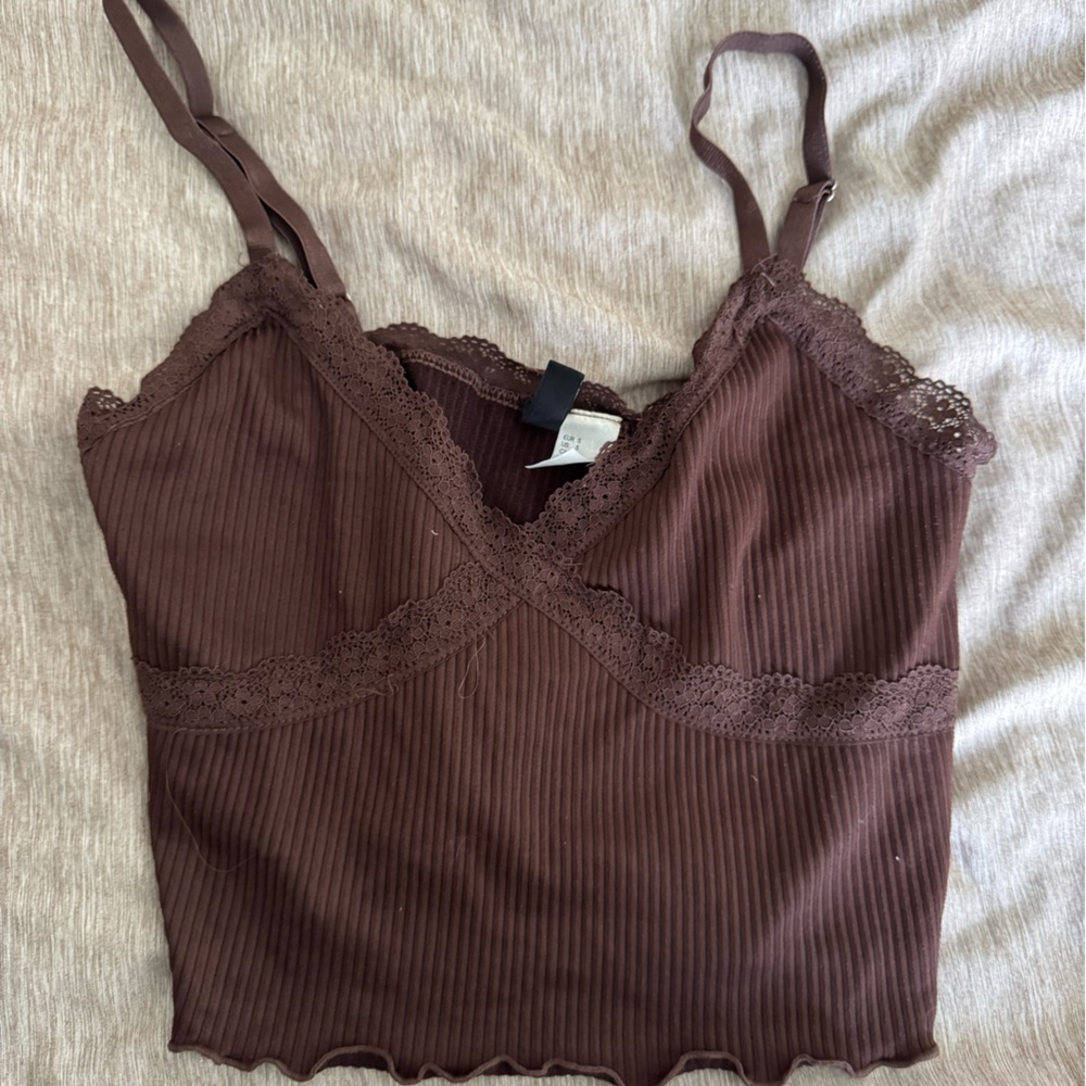 Brown Lace Trim Cami Top